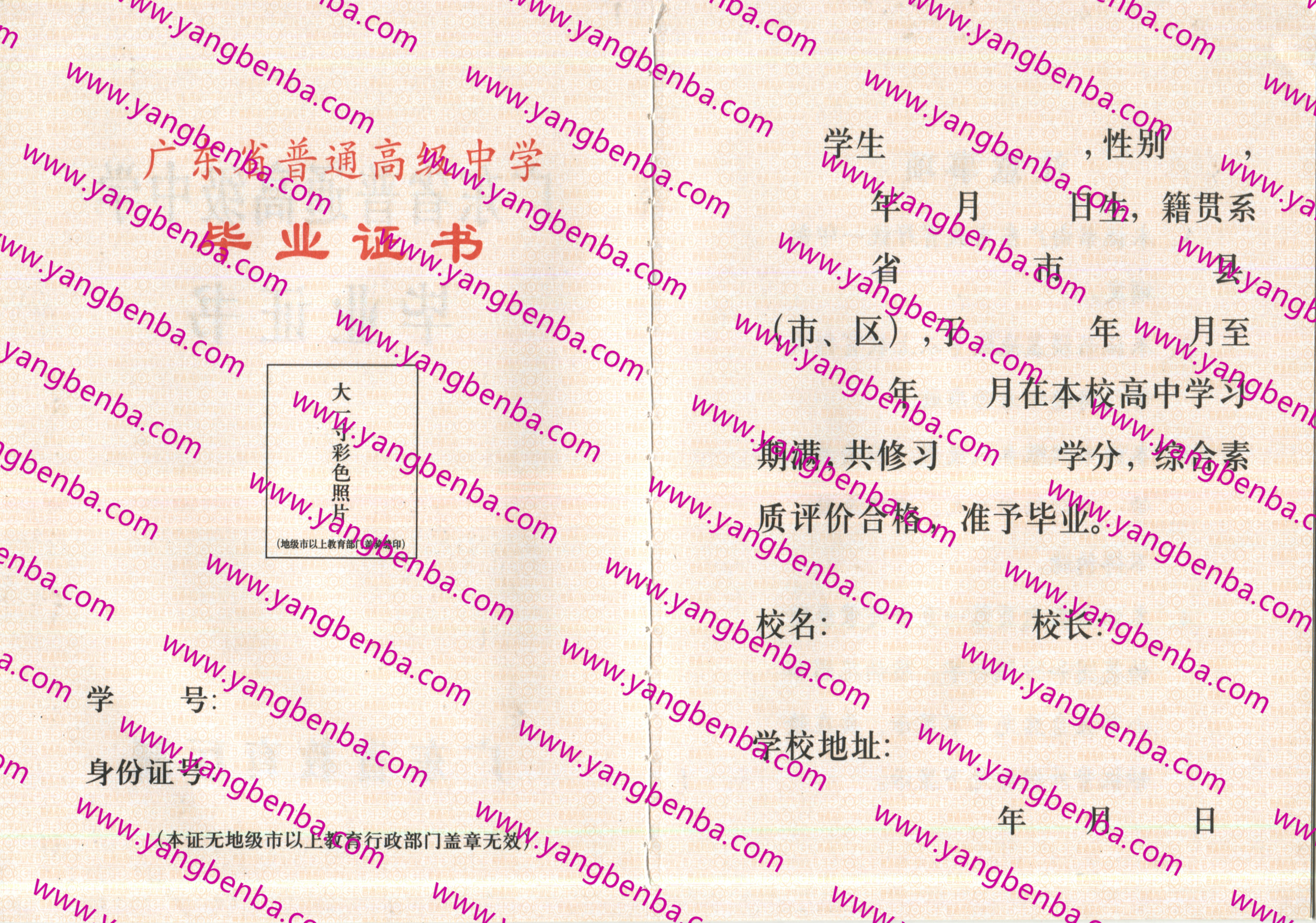 广东省高中毕业证样本内页