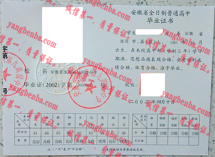 安徽省淮南第一高级中学毕业证样本