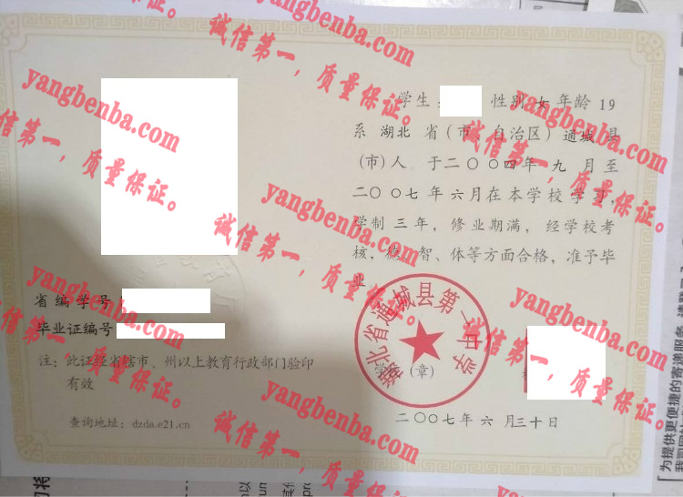湖北省通城县第一中学毕业证样本