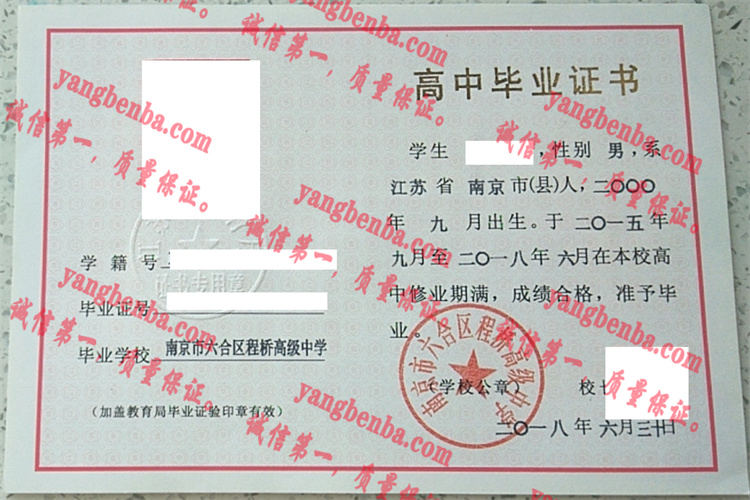 南京六合区程桥高级中学毕业证样本